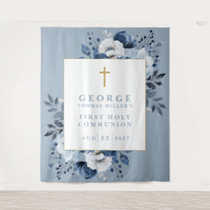 Dusty Blue Floral Holy Communion Photo Backdrop Tapestry
