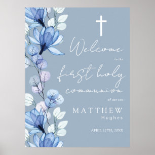 Dusty Blue Floral Holy Communion Welcome Sign