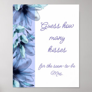 Dusty-blue floral how many kisses bridal shower poster