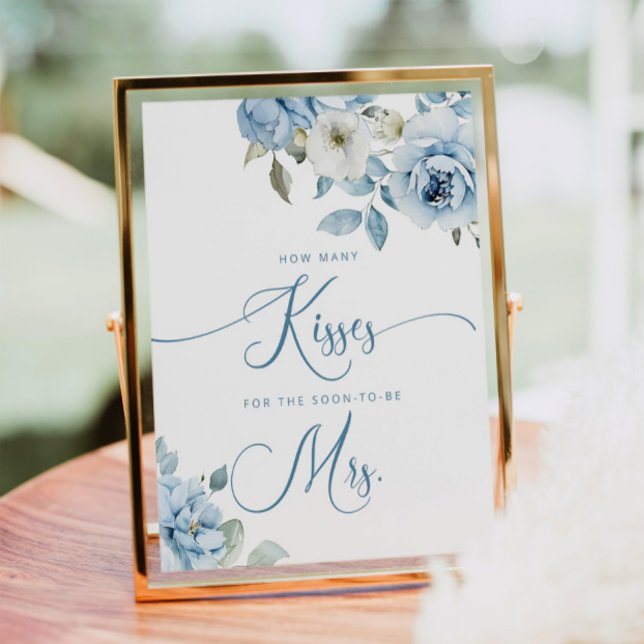 Dusty blue floral how many kisses bridal shower poster (Creator Uploaded)