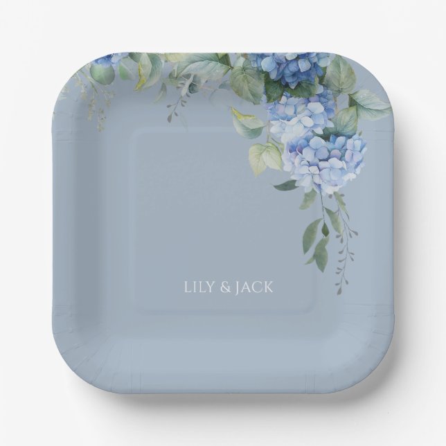  Dusty Blue Floral Hydrangea Event Wedding  Paper Plate (Front)