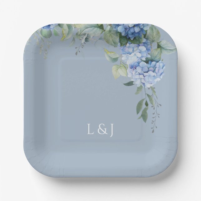  Dusty Blue Floral Hydrangea Initials Wedding  Paper Plate (Front)