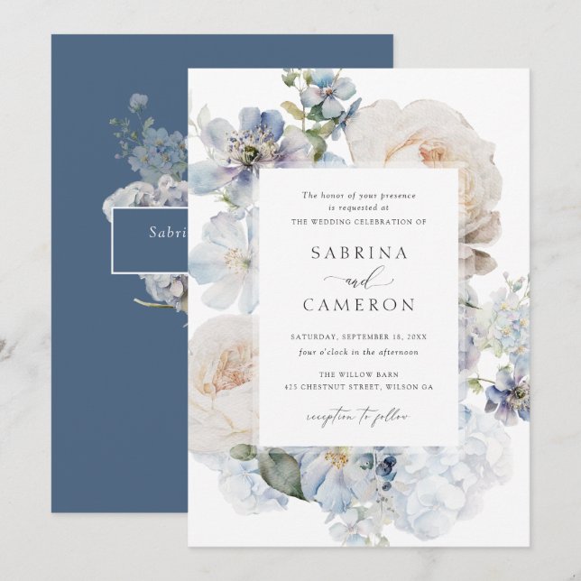 Dusty Blue Floral Hydrangea Roses Wedding Invitation (Front/Back)