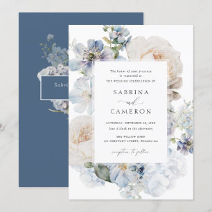 Dusty Blue Floral Hydrangea Roses Wedding Invitation