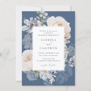 Dusty Blue Floral Hydrangea Roses Wedding Invitation