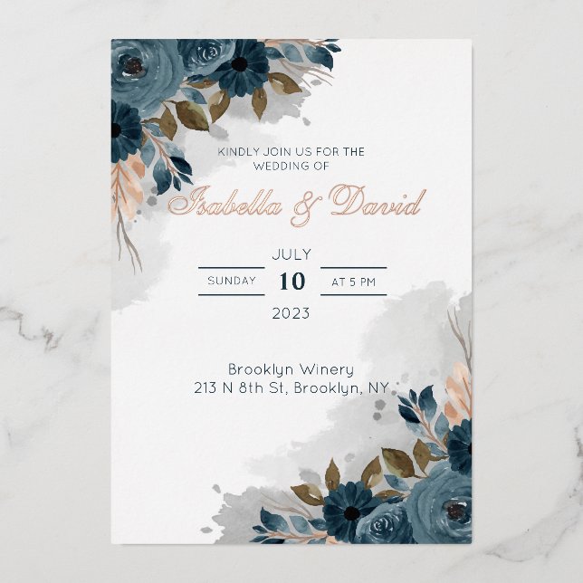 Dusty Blue Floral I Foil Wedding Invitation (Front)