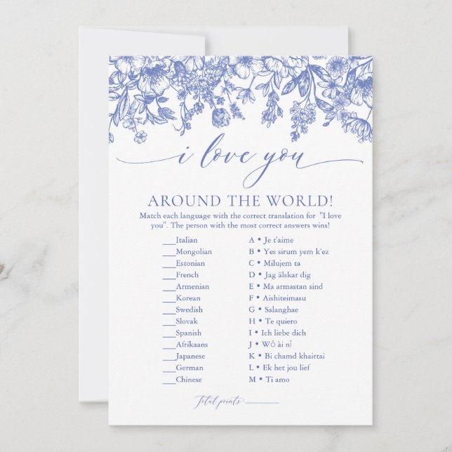 Dusty Blue Floral I Love You Around the World Game Invitation (Front)