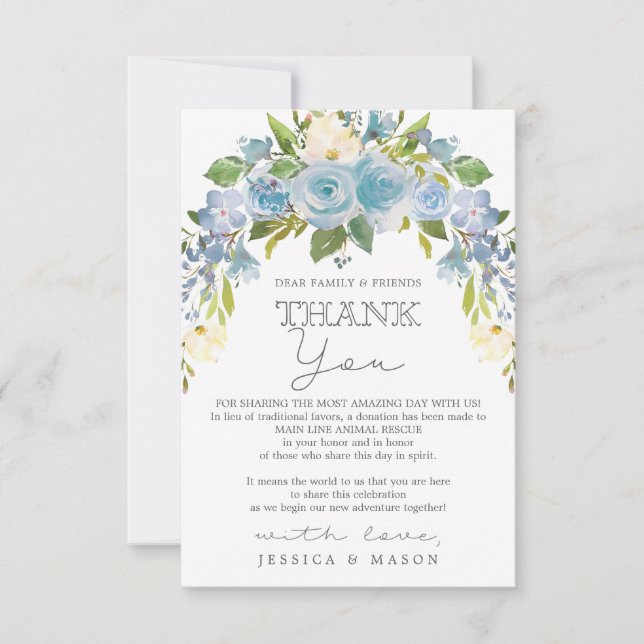 Dusty Blue Floral In Lieu of Favours Place Card (Front)