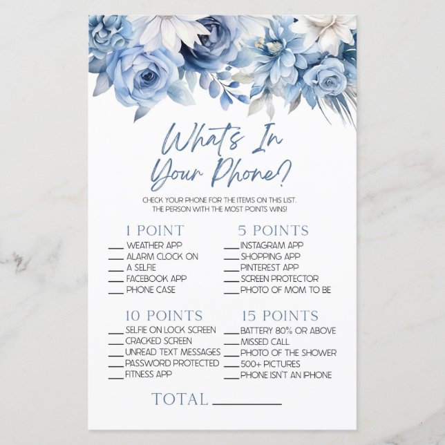 Dusty Blue Floral In Your Phone Baby Shower Game (Front)