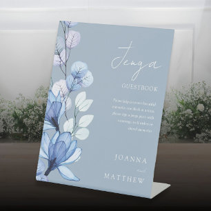 Dusty Blue Floral Jenga Wedding Guestbook Pedestal Sign