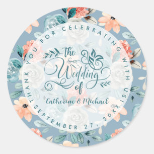 Dusty Blue Floral Lace Decorative Calligraphy Classic Round Sticker