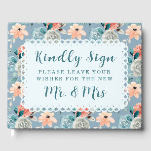Dusty Blue Floral Lace Decorative Calligraphy Guest Book