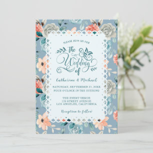 Dusty Blue Floral Lace Decorative Calligraphy Invitation