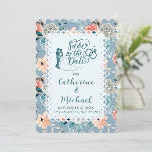 Dusty Blue Floral Lace Decorative Calligraphy Invitation