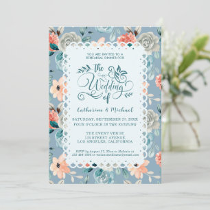 Dusty Blue Floral Lace Decorative Calligraphy Invitation