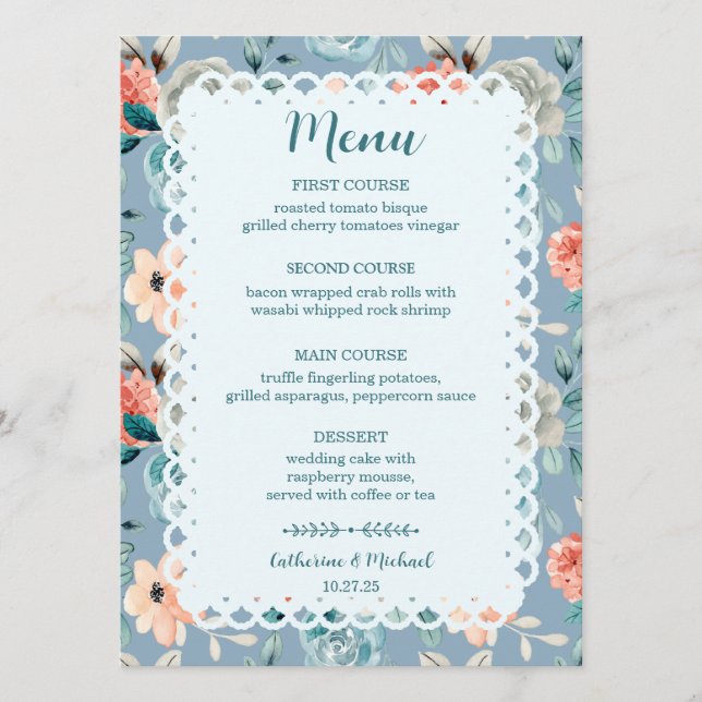Dusty Blue Floral Lace | Decorative Calligraphy Menu (Front)