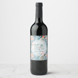 Dusty Blue Floral Lace Decorative Calligraphy Wine Label