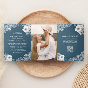 Dusty Blue Floral Lace Photo QR Code Wedding Tri-Fold Invitation