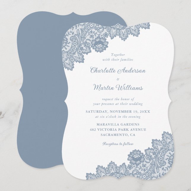 Dusty Blue Floral Lace Rustic Winter Wedding Invitation (Front/Back)