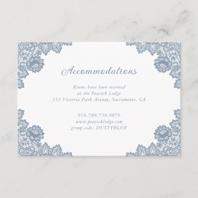 Dusty Blue Floral Lace Wedding Accommodation Enclosure Card (Front)