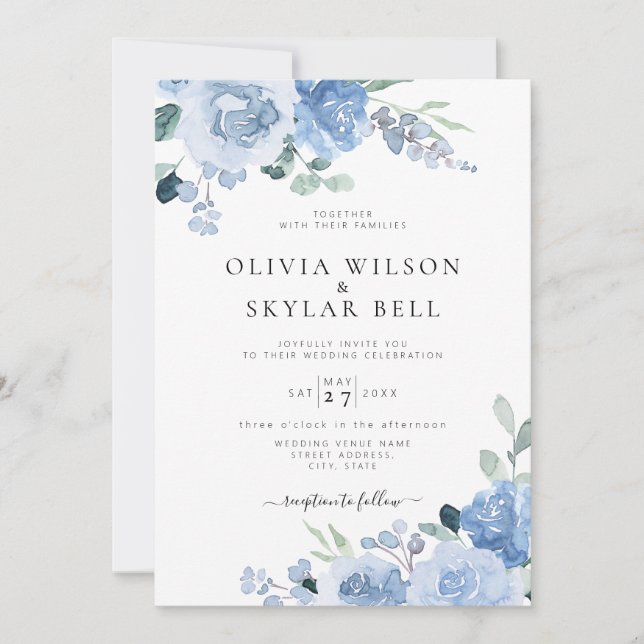 Dusty Blue Floral Light Botanical Wedding Invitation (Front)