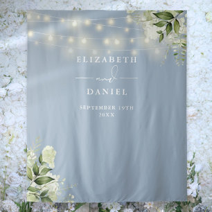Dusty Blue Floral Lights Wedding Photo Backdrop Tapestry