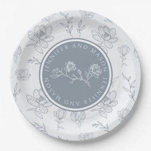 Dusty blue floral magnolia bride groom paper plate