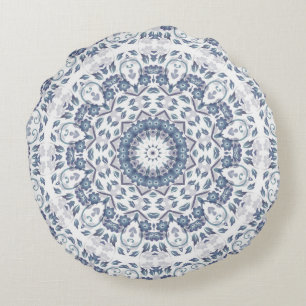 Dusty Blue Floral Mandala Round Cushion