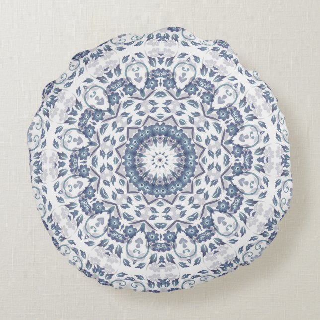 Dusty Blue Floral Mandala Round Cushion (Back)