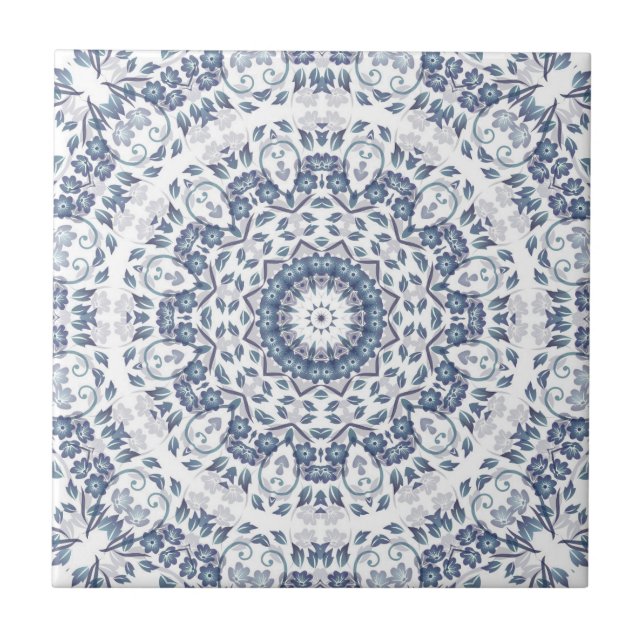 Dusty Blue Floral Mandala Tile (Front)