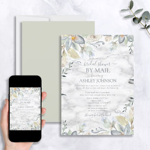 Dusty Blue Floral Marble Bridal Shower by Mail Invitation