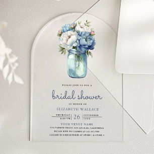 Dusty Blue Floral Mason Jar Bridal Shower Acrylic Invitations