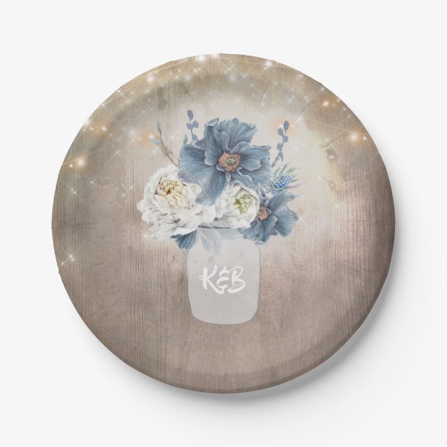 Dusty Blue Floral Mason Jar Initials Rustic Wood Paper Plate (Front)