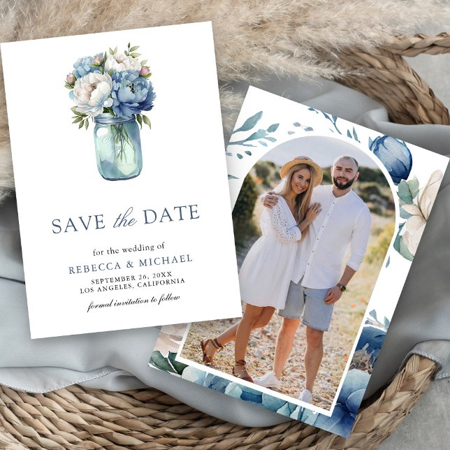 Dusty Blue Floral Mason Jar Photo Wedding Save The Date (Creator Uploaded)