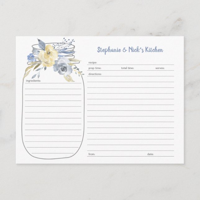 Dusty Blue Floral Mason Jar Recipe Cards (Front)