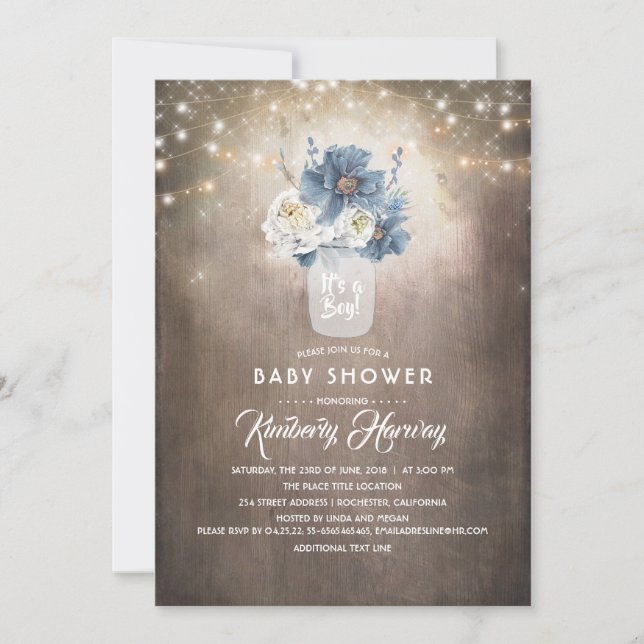 Dusty Blue Floral Mason Jar Rustic Baby Shower Invitation (Front)