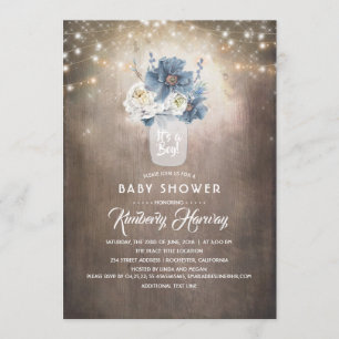 Dusty Blue Floral Mason Jar Rustic Baby Shower Invitation