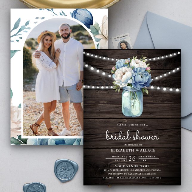 Dusty Blue Floral Mason Jar Wood Bridal Shower Invitation (Creator Uploaded)