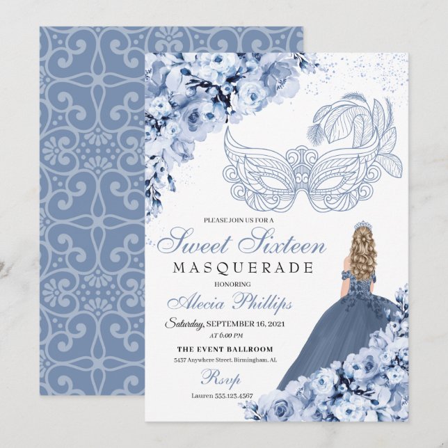 Dusty Blue Floral Masquerade Sweet 16 Invitation (Front/Back)
