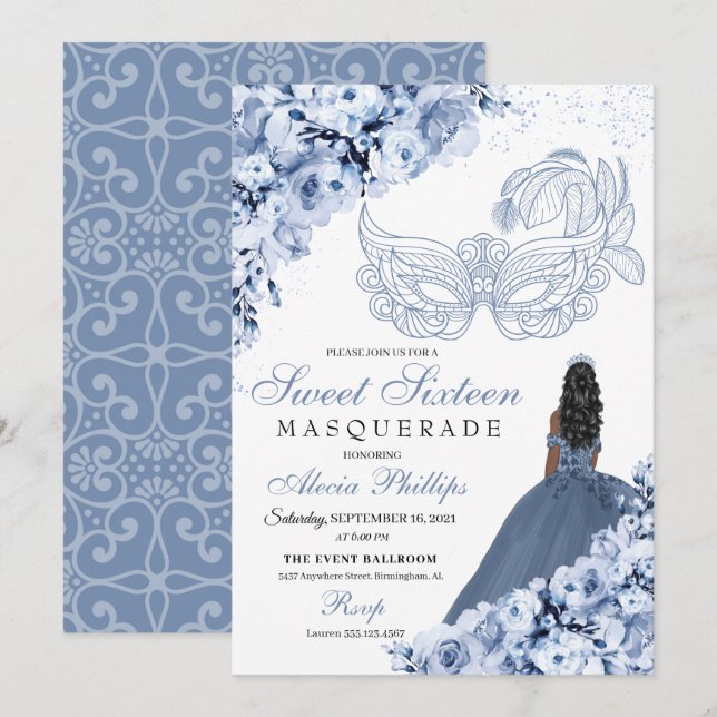 Dusty Blue Floral Masquerade Sweet 16 Invitation (Front/Back)