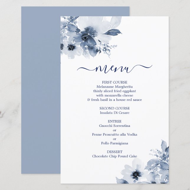 Dusty Blue Floral Menu Card (Front/Back)