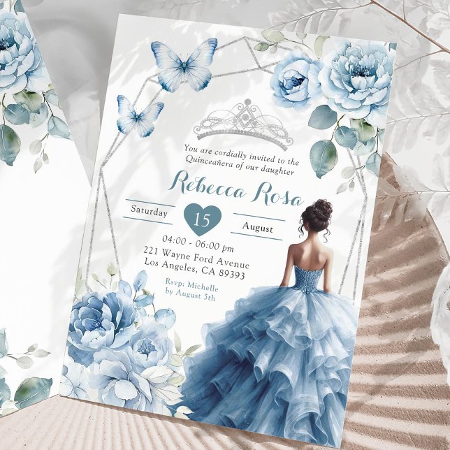 Dusty Blue Floral Mexican Princess Quinceañera Invitation (Creator Uploaded)
