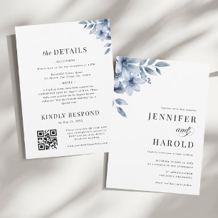 Dusty Blue Floral Minimal All in One Wedding Invitation
