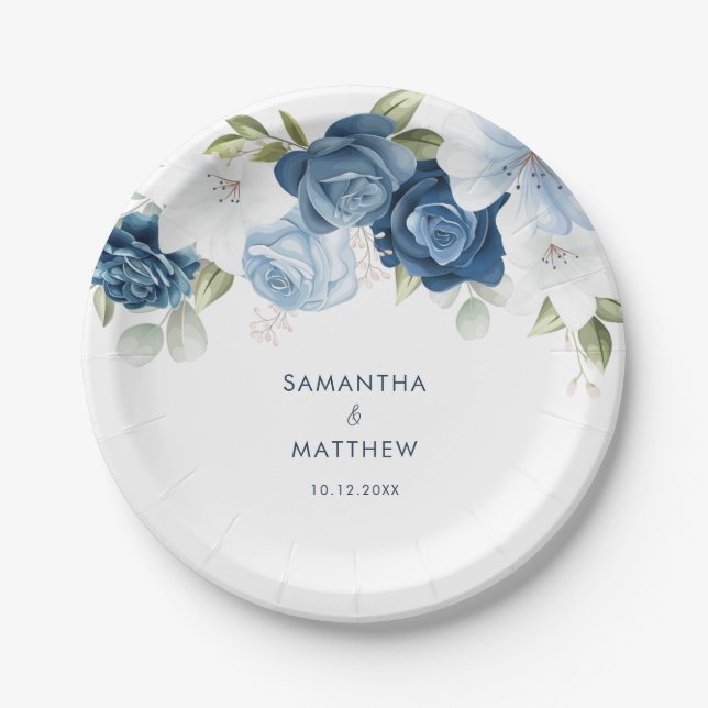 Dusty Blue Floral Modern Custom Wedding Paper Plate (Front)