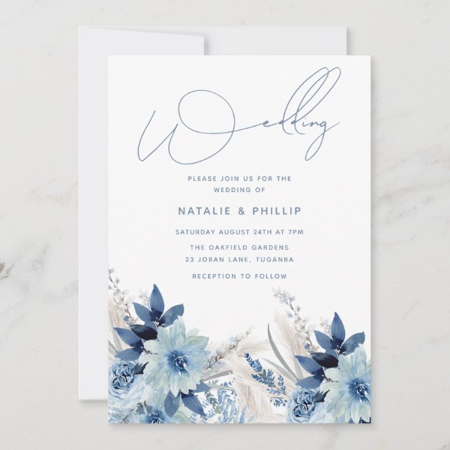 Dusty Blue Floral Modern Elegant Wedding Invitation (Front)