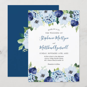 Dusty Blue Floral Modern Watercolor Wedding Invitation