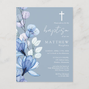 Dusty Blue Floral Monogram Baptism Invitation Postcard