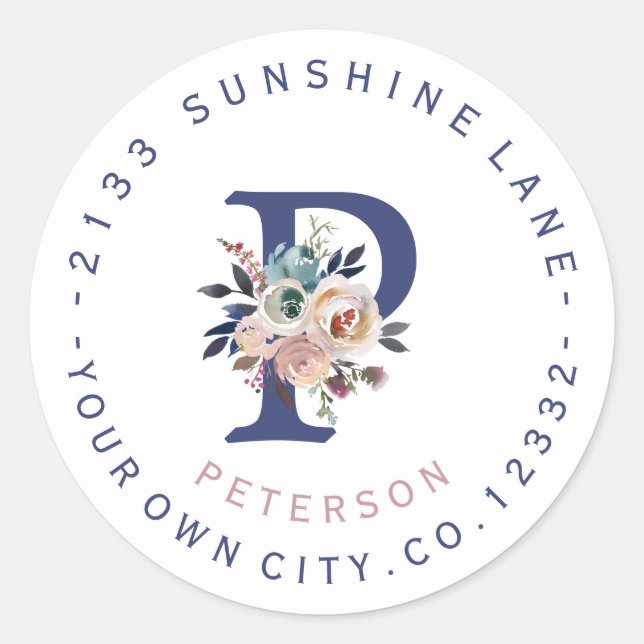 Dusty Blue Floral Monogram Circular Address Label (Front)
