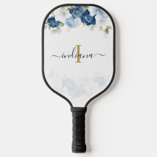 Dusty Blue Floral Monogram Script Greenery Pickleball Paddle