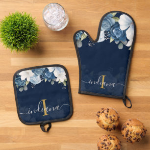 Dusty Blue Floral Monogram Script Name Personalise Oven Mitt & Pot Holder Set